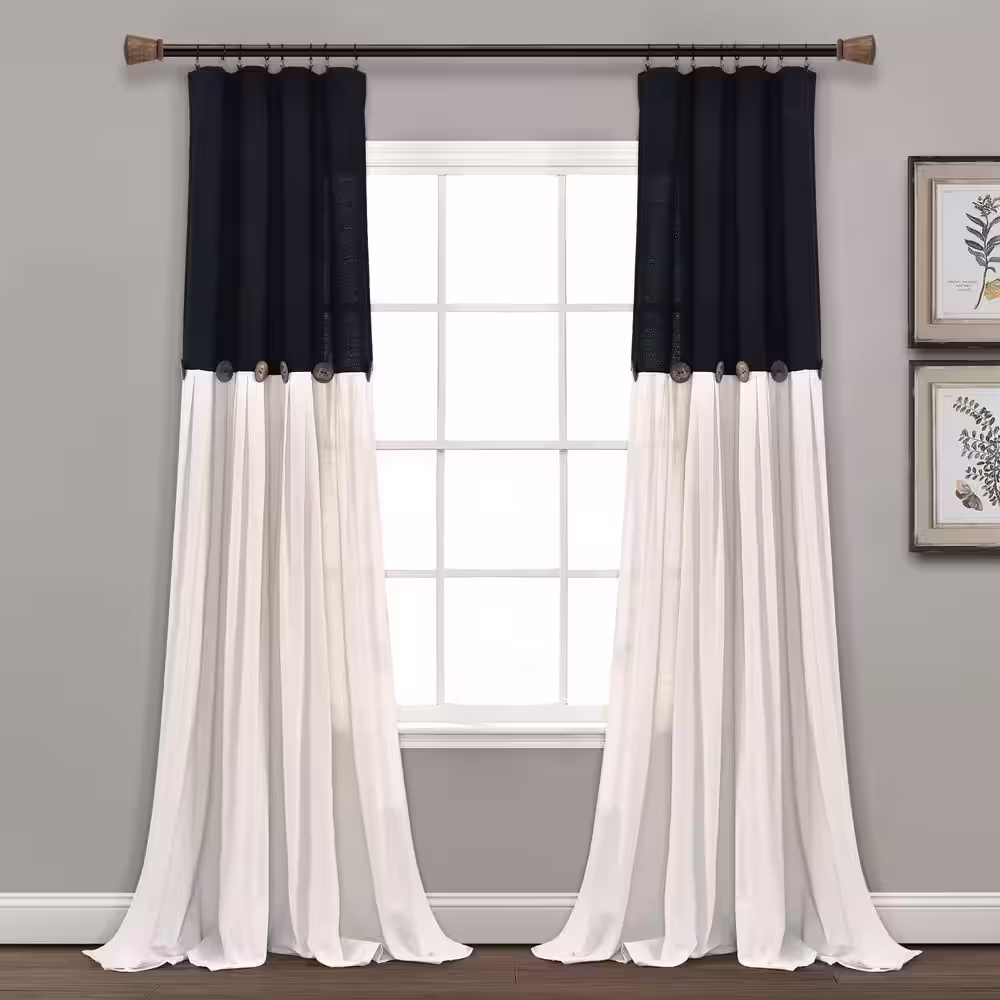 None Linen Button New 40 in. W x 108 in. L Window Curtain Panel in Black/White Single