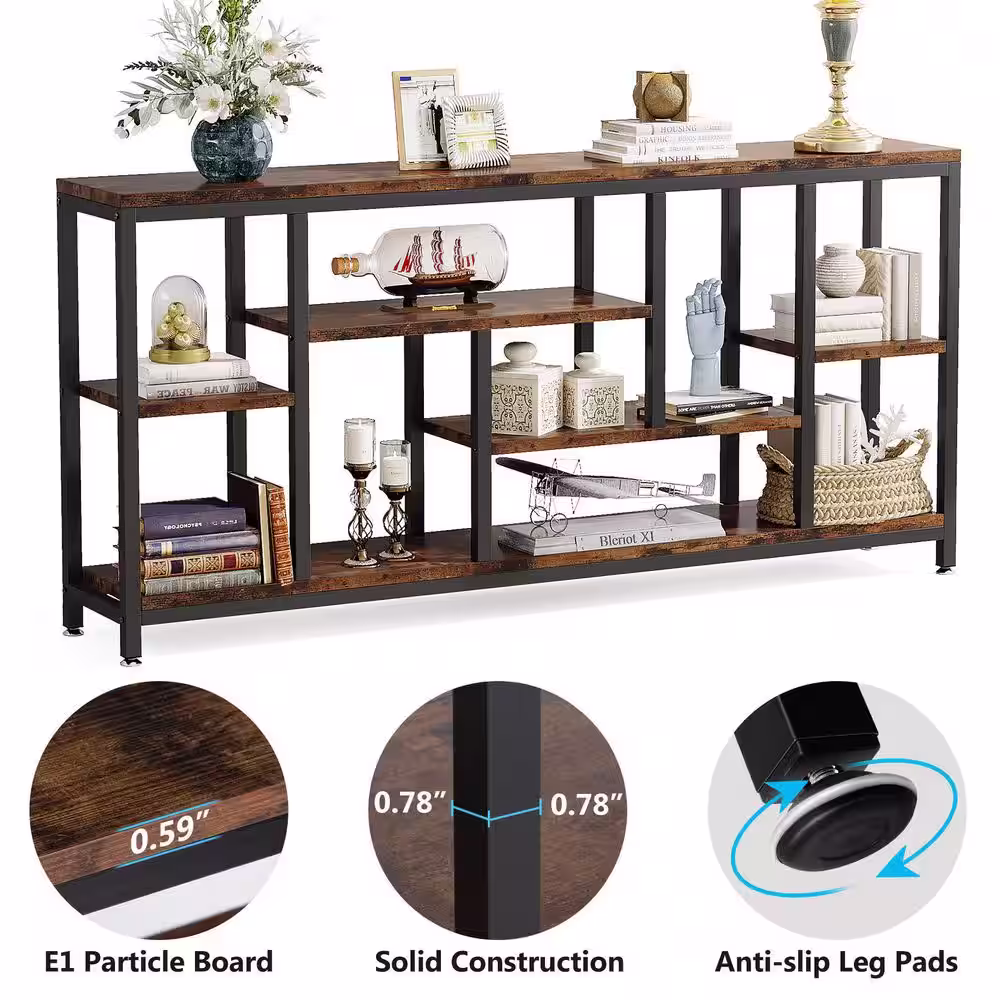 None Turrella 70.9 in. Brown 35.8 in. Height Rectangle Wood Console, Sofa Extra Long Behind Couch Table with 3 Shelf