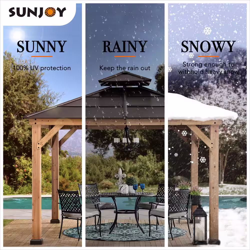 Sunjoy Myla 11 ft. x 11 ft. Cedar Gazebo with Brown Steel 2-Tier Hip Roof Hardtop