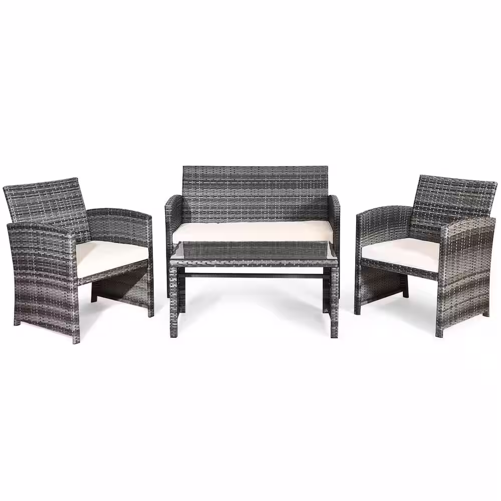 Costway 4-Piece Wicker Rattan Patio Conversation Set Chair with Beige Cushions
