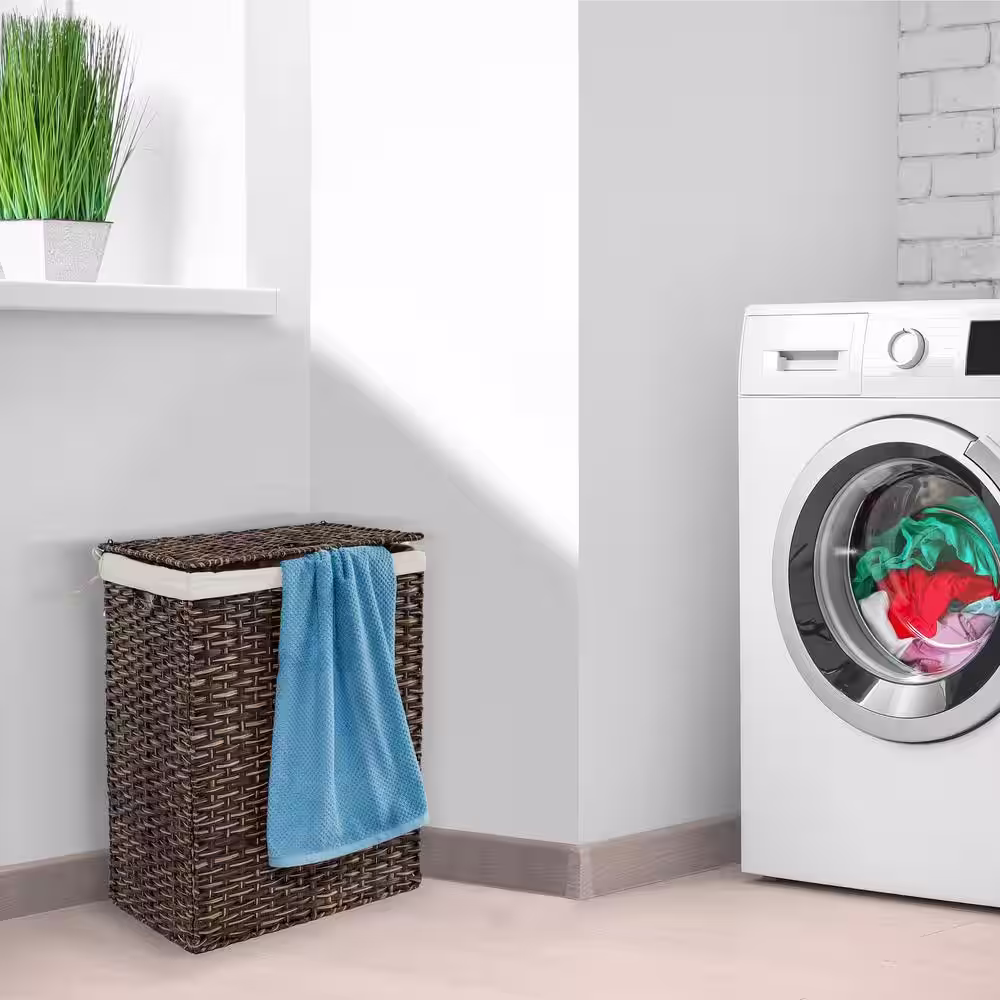 Seville Classics Lidded Rectangular Mocha Brown Collapsible Plastic Wicker Laundry Hamper Basket with Washable Liner