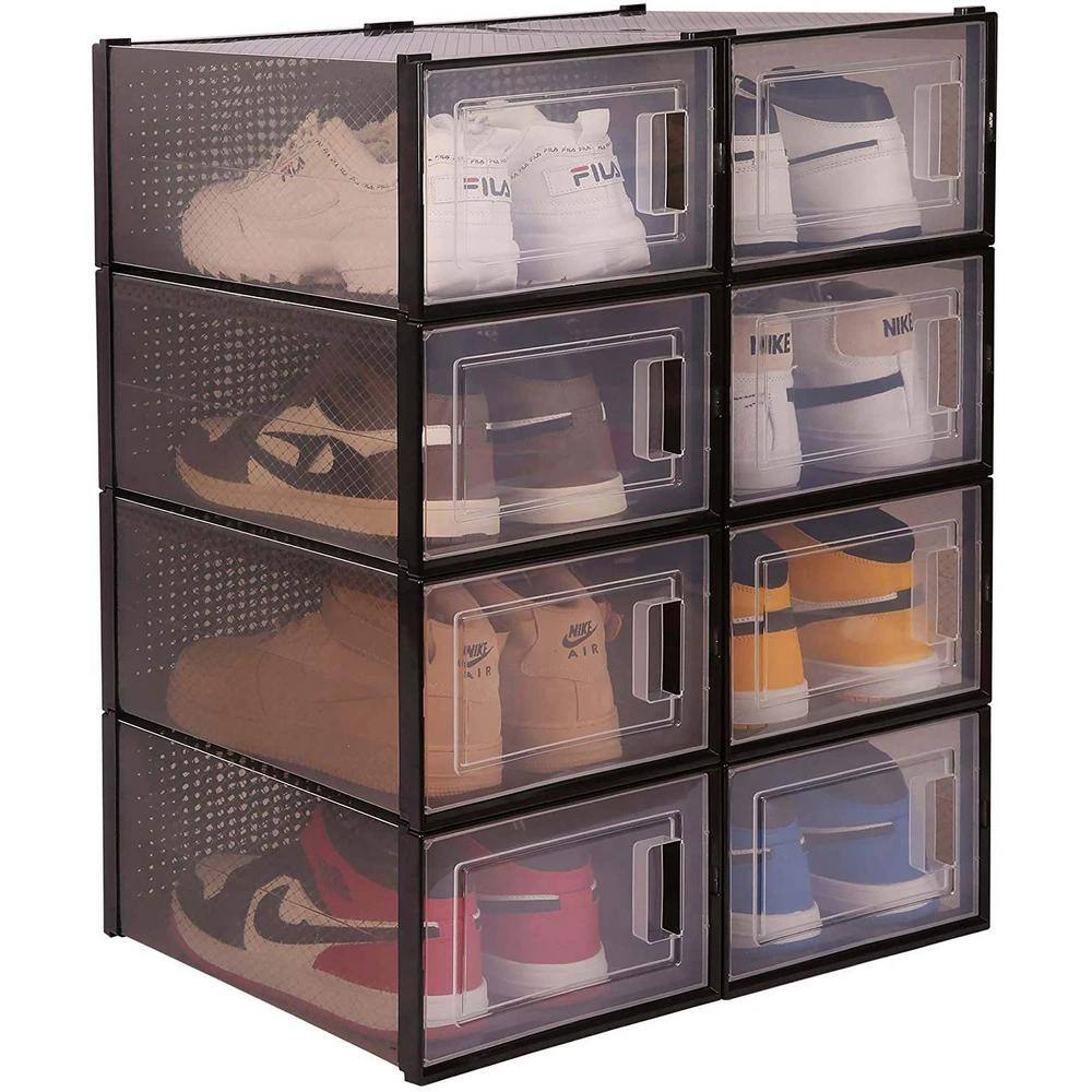 cadeninc 8-Pair Black Clear Stackable Plastic Shoe Boxes (13.7 in. L x 9.84 in. W x 7.36 in. H)