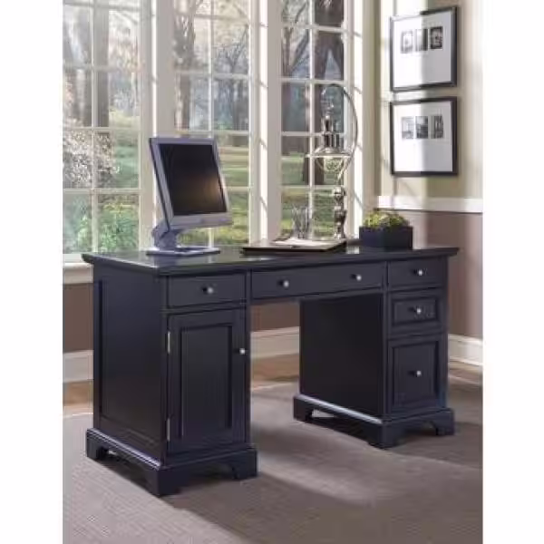 HOMESTYLES 54 in. Rectangular Black 5 Drawer Executive Desk with Keyboard Tray
