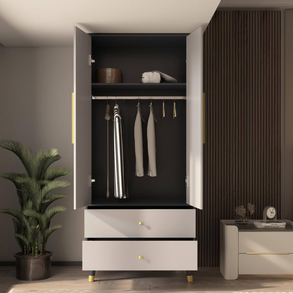 None Gray Armoire with 2-Drawers, Hanging Rod and Gold Metal Handles 70.9 in. H x 19.1 in. W x 31.5 in. D