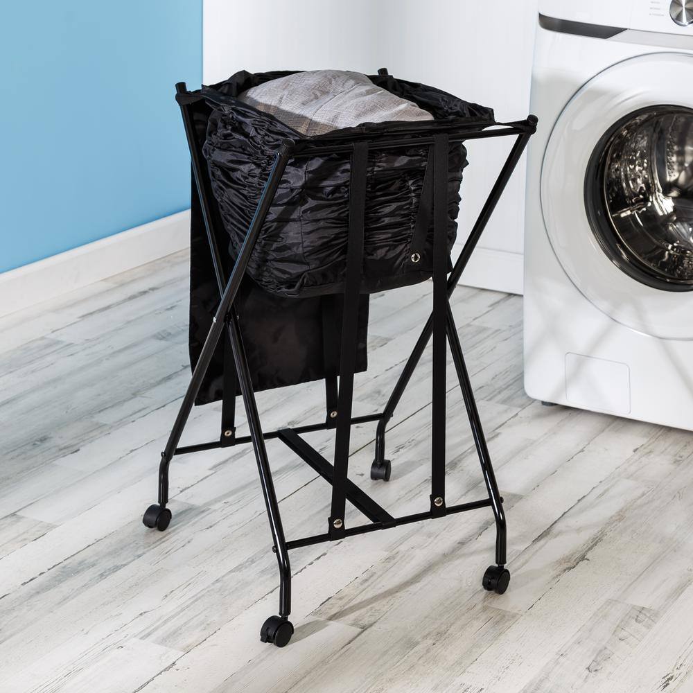 Honey-Can-Do Black Steel and Polycotton Single Bounce Back No Bend Laundry Hamper with Wheels