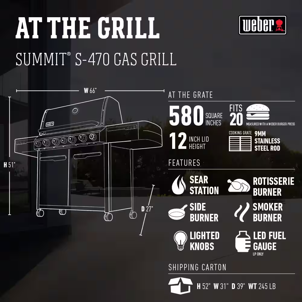 Weber Summit S-470 4-Burner Propane Gas Grill in Stainless Steel with Built-In Thermometer and Rotisserie