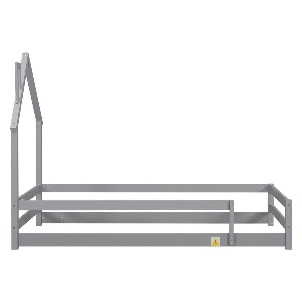 Harper & Bright Designs Gray Wood Frame Twin Size House Floor Bed with Chimney Design and Fence Guardrails