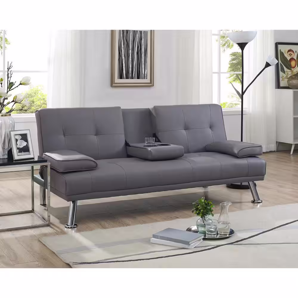 MAYKOOSH Gray, Futon Sofa Bed Faux Leather Futon Couch with Armrest and 2-Cupholders, Sofa Bed Couch Convertible with Metal Legs