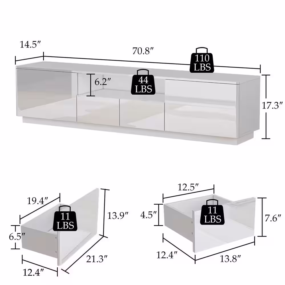 WIAWG 70.8 in. W x 14.5 in. D x 17.3 in. H, White Luxury Wooden Entertainment up to 75 in. with 4-Drawers and 1 Shelf