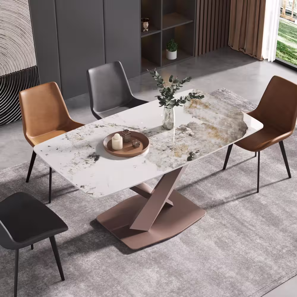 J&E Home 62.99 in. Rectangle Black Sintered Stone Tabletop Dining Table with Gold Carbon Steel Base (Seats 6)