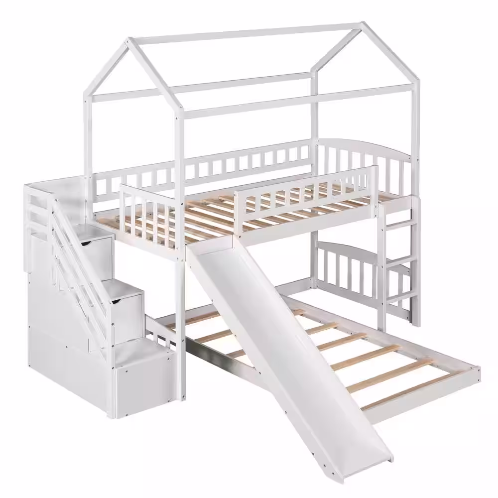 Harper & Bright Designs White Twin Over Twin Wood House Bunk Bed with 2-Drawers, Stairs and Slide
