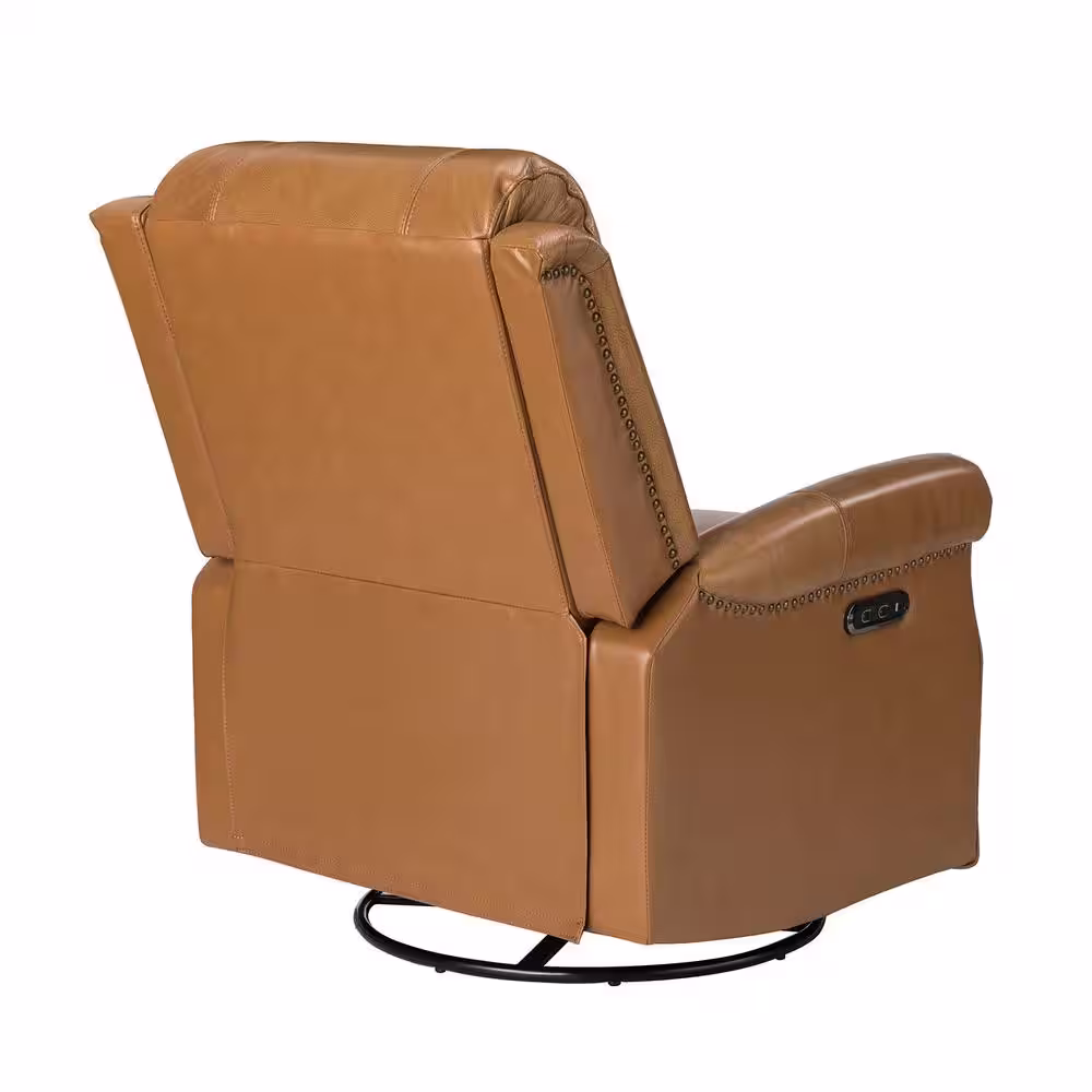 JAYDEN CREATION Kaletan Traditional Camel Genuine Leather Power Sliding and Rocking Swivel Recliner Nursery Chair with Rolled Arms