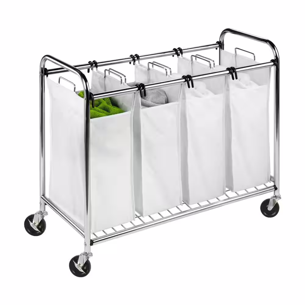 Honey-Can-Do White/Chrome Steel and Poly-cotton 4-Compartment Laundry Sorter