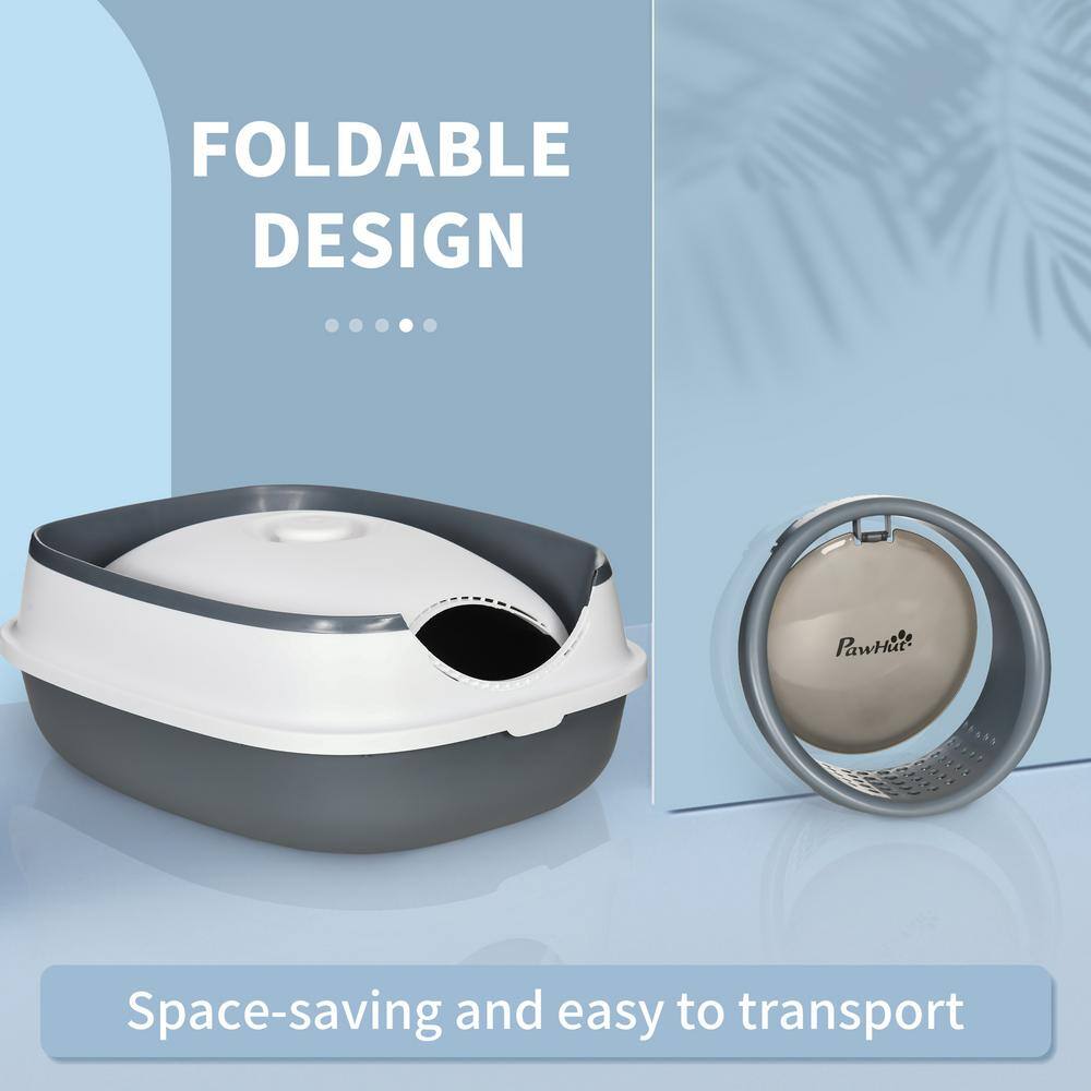 PawHut Cat Litter Box with Lid, Covered Litter Box with High Sides, , White and Gray