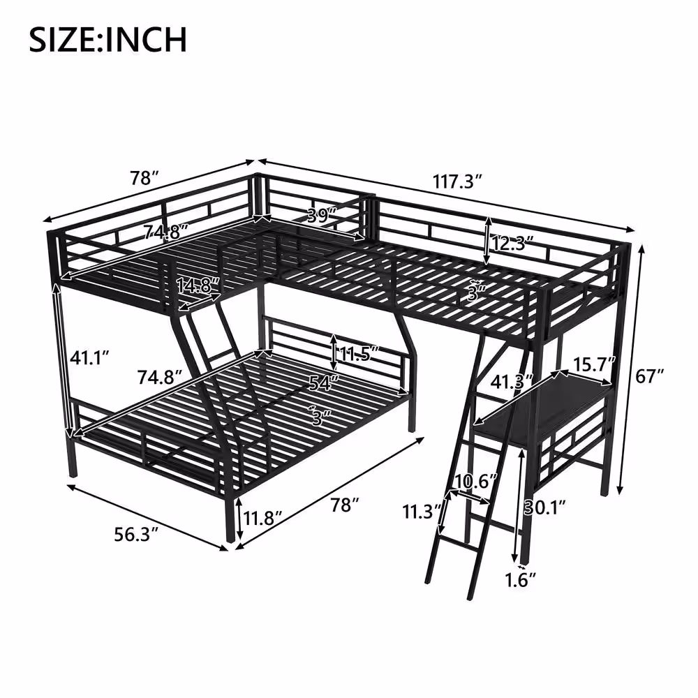 Harper & Bright Designs Black Twin Over Full Bunk Bed with Twin Size Loft Bed and Desk