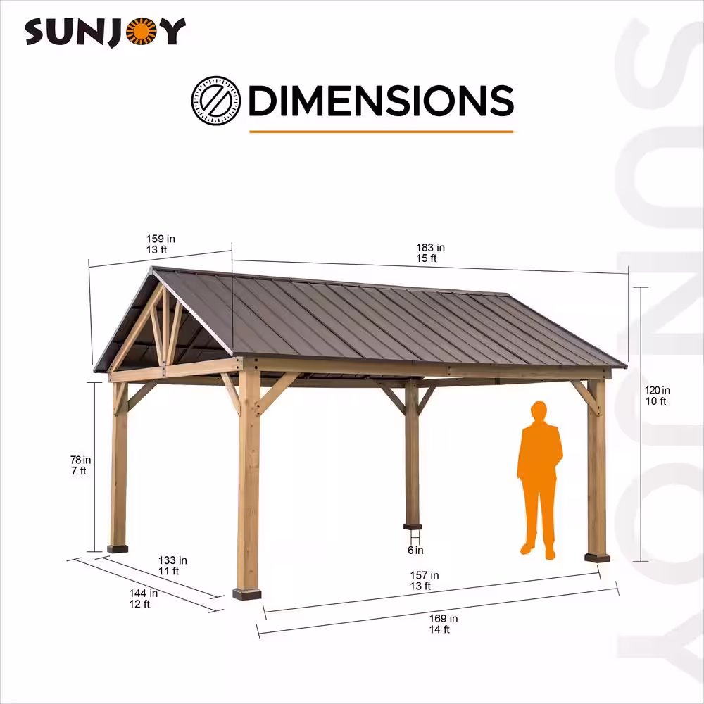 Sunjoy Wynn 13 ft. x 15 ft. Cedar Framed Gazebo with Brown Steel Gable Roof Hardtop