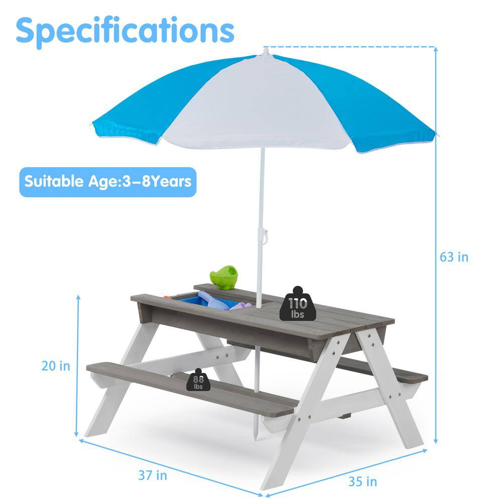 None 3 in. 1 37 in. Gray Kids Outdoor Wooden Picnic Table With Umbrella, Convertible Sand and Wate