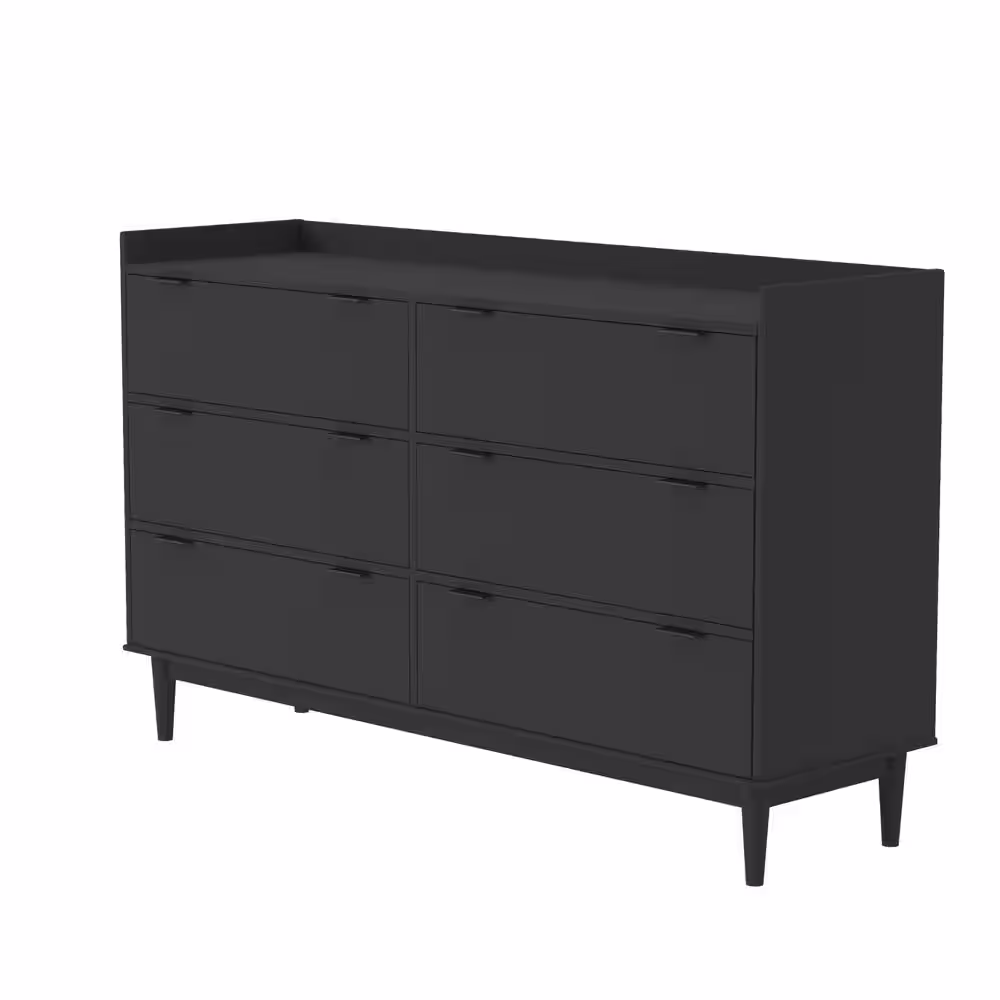 Welwick Designs 6-Drawer Black Solid Wood Mid-Century Modern Gallery-Top Dresser (33.75 in. H x 55.25 in. x 16 in. D)