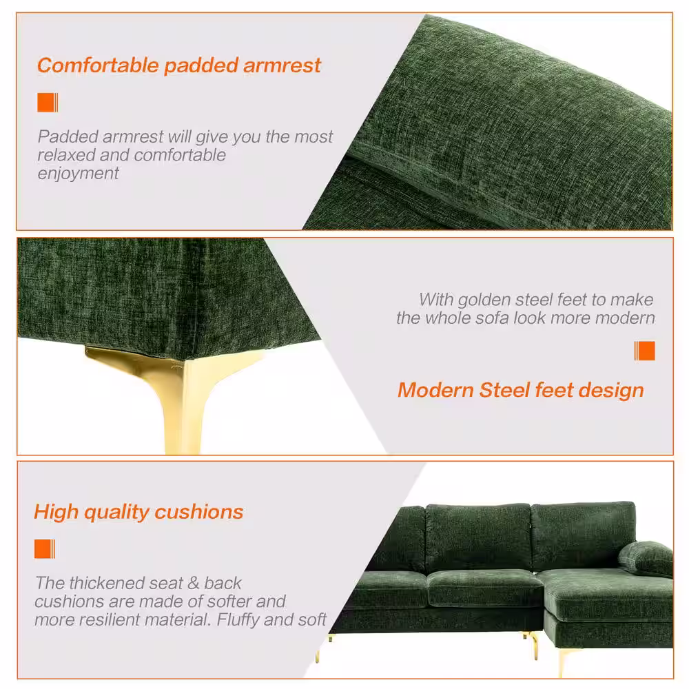 HOMEFUN 110 in W Green 4-piece U Shaped Fabric Modern Sectional Sofa with 2 Arms and Golden Metal Legs