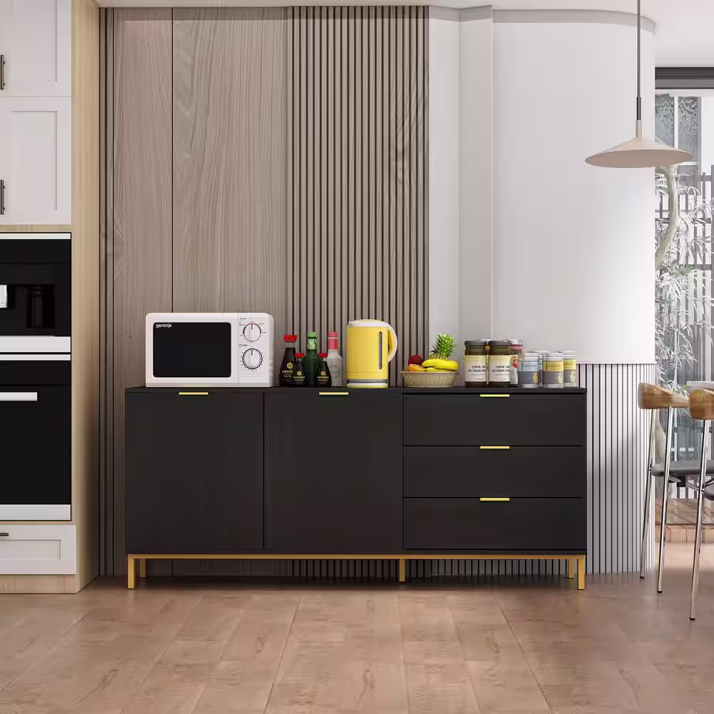 None 62.9 in. W Black Paint Sideboard Kitchen Buffet Cupboard with Drawers and Shelves, Metal Legs