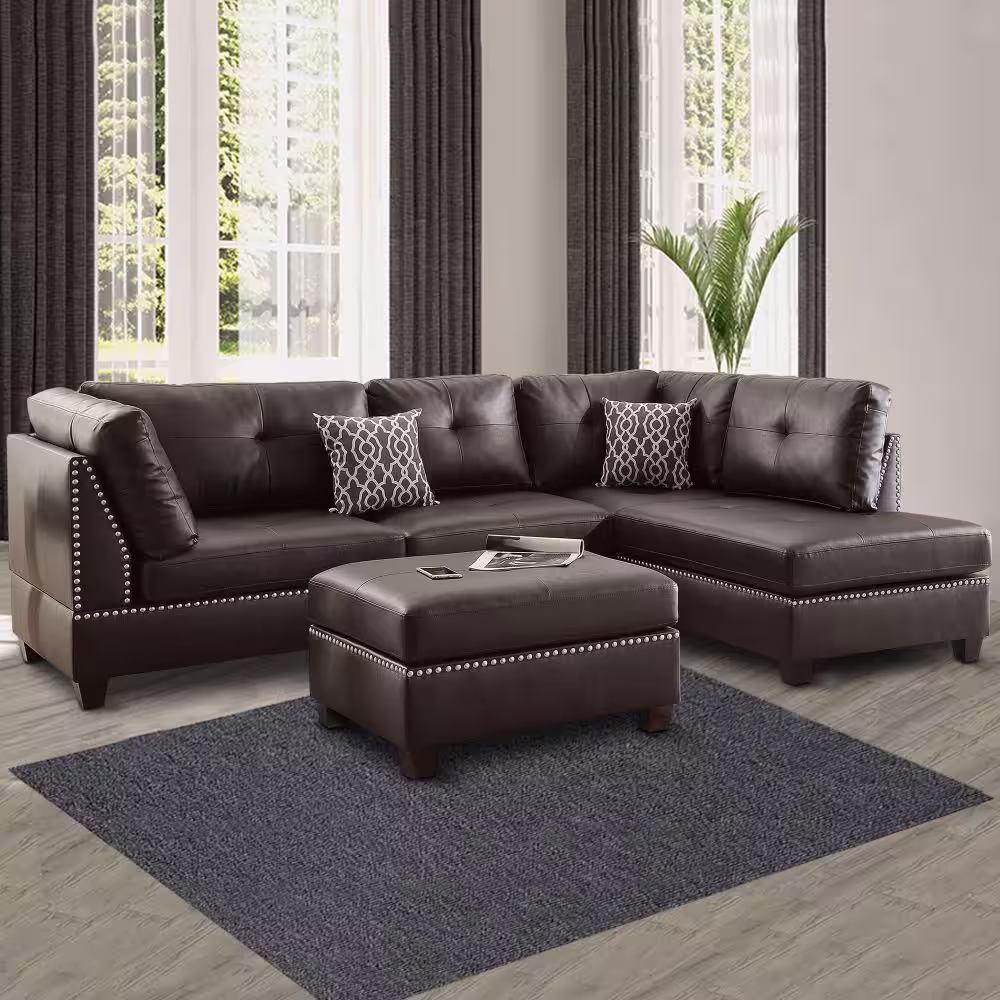 Benjara 3-Piece Brown Faux Leather 4-Seater L-Shaped Sectional Sofa with Wood Legs