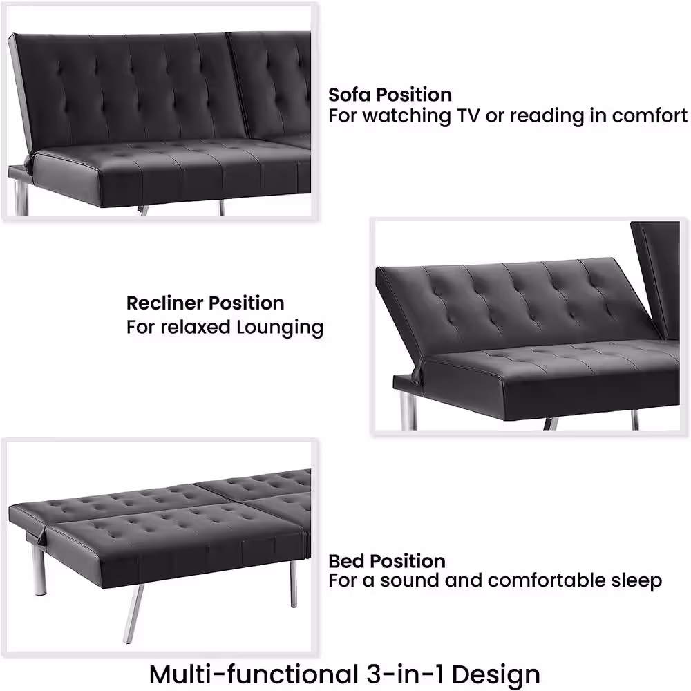 HOMESTOCK Black, Linen Tufted Split Back Futon Sofa Bed, Couch Bed, Futon Convertible Sofa Bed with Metal Legs