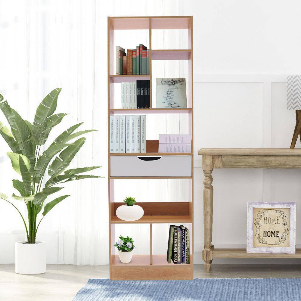 None Freestanding 8-Tier Storage Cabinet Organizer Wooden Shelving Unit with Drawer (19.68 in. W x 61.02 in. H x 7.87 in. D)