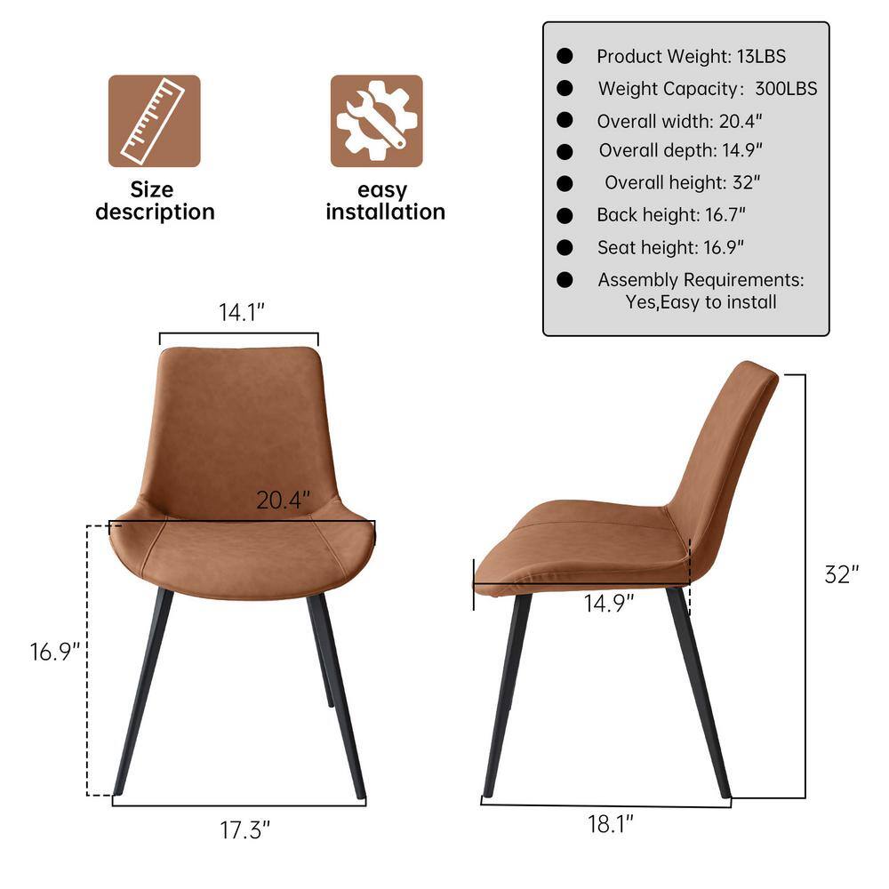 None Brown Faux Leather Upholstered Modern Style Dining Chair with Carbon Steel Legs (Set of 2)