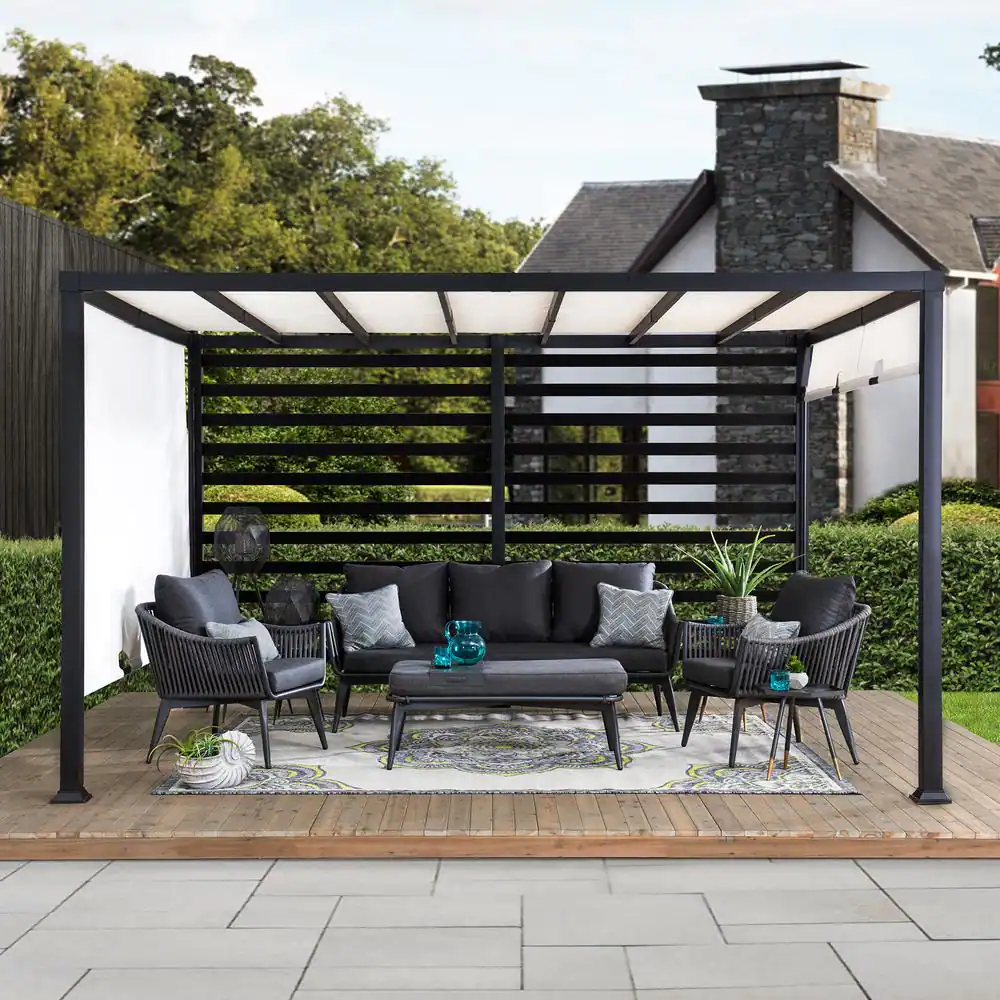 Sunjoy Sandy 10 ft. x 12 ft. Modern Steel Pergola with White Adjustable Shade