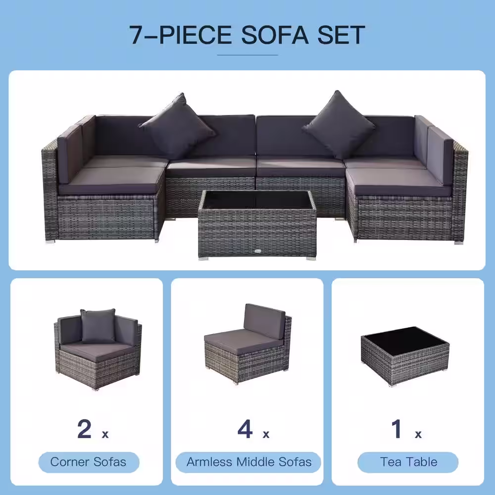 Outsunny Patio Life Ash Grey 7-Pieces Steel Plastic Rattan Patio Conversation Set with Grey Cushions