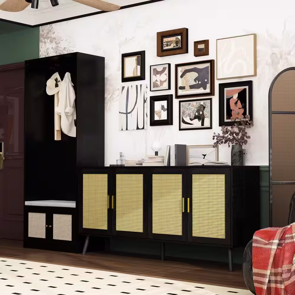 FUFU&GAGA 78.7 in. H x 31.5 in. W, Black Wooden Shoe Storage Bench with 4 Shelves, Soft Seat and Metal Hooks for Door Side Storage