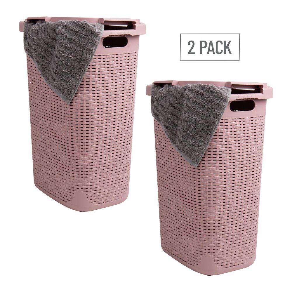 Mind Reader Basket Collection, Plastic Slim Laundry Hamper, 60 Liter (15kg/33lbs) Capacity, Attached Hinged Lid, Set of 2, Pink