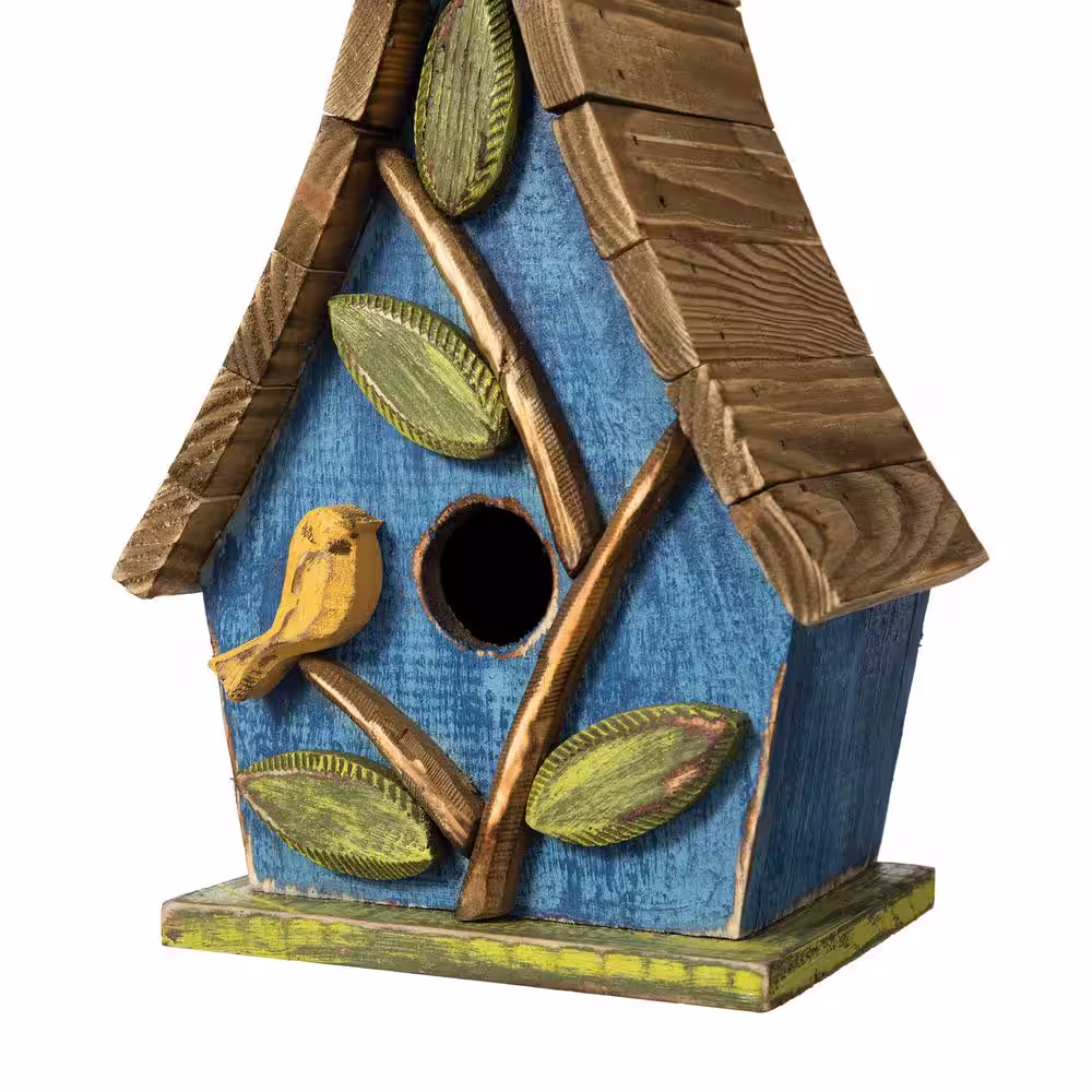 Glitzhome 12.5 in. H Distressed Solid Wood Birdhouse with 3D Leaves