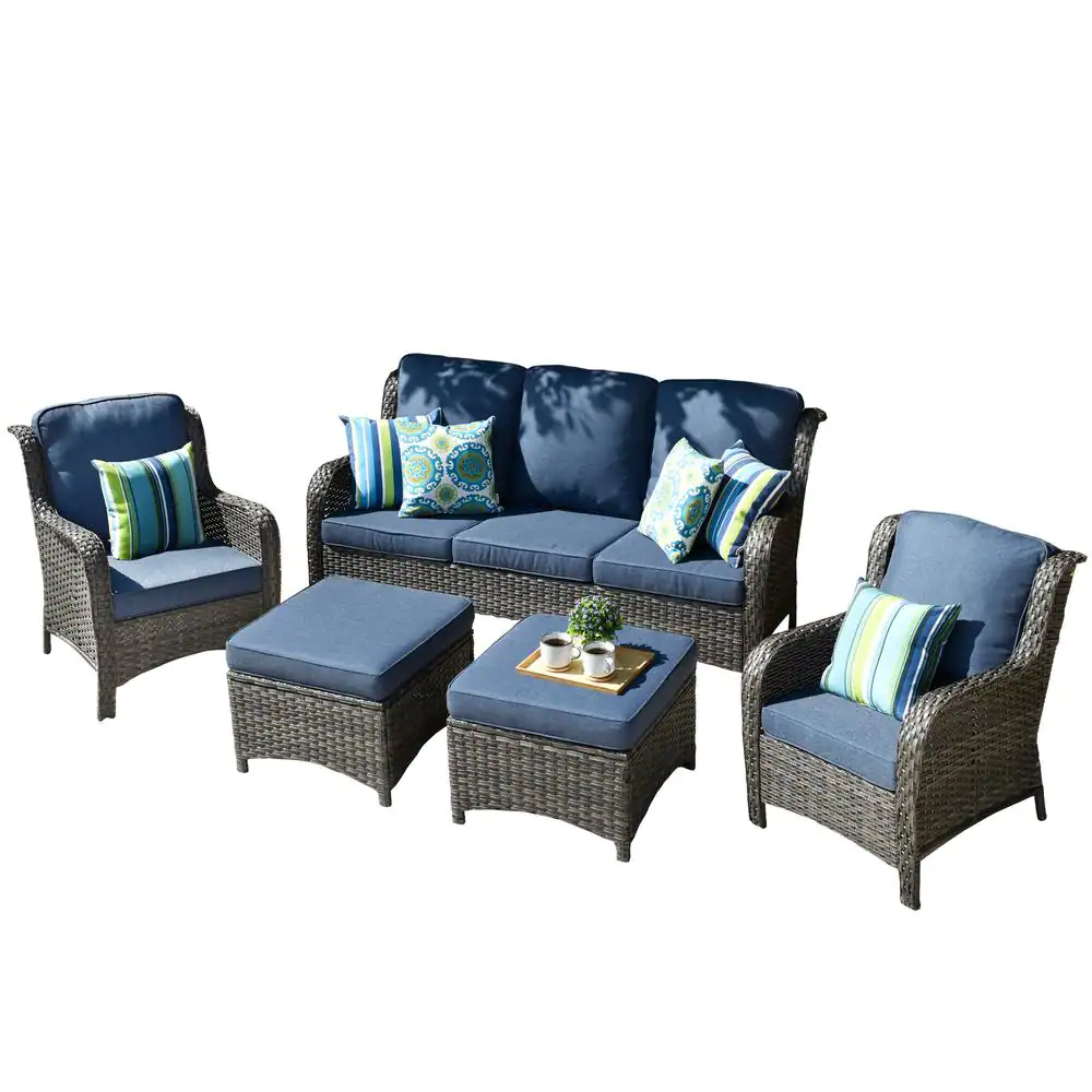XIZZI Erie Lake Gray 5-Piece Wicker Outdoor Patio Conversation Seating Sofa Set with Denim Blue Cushions