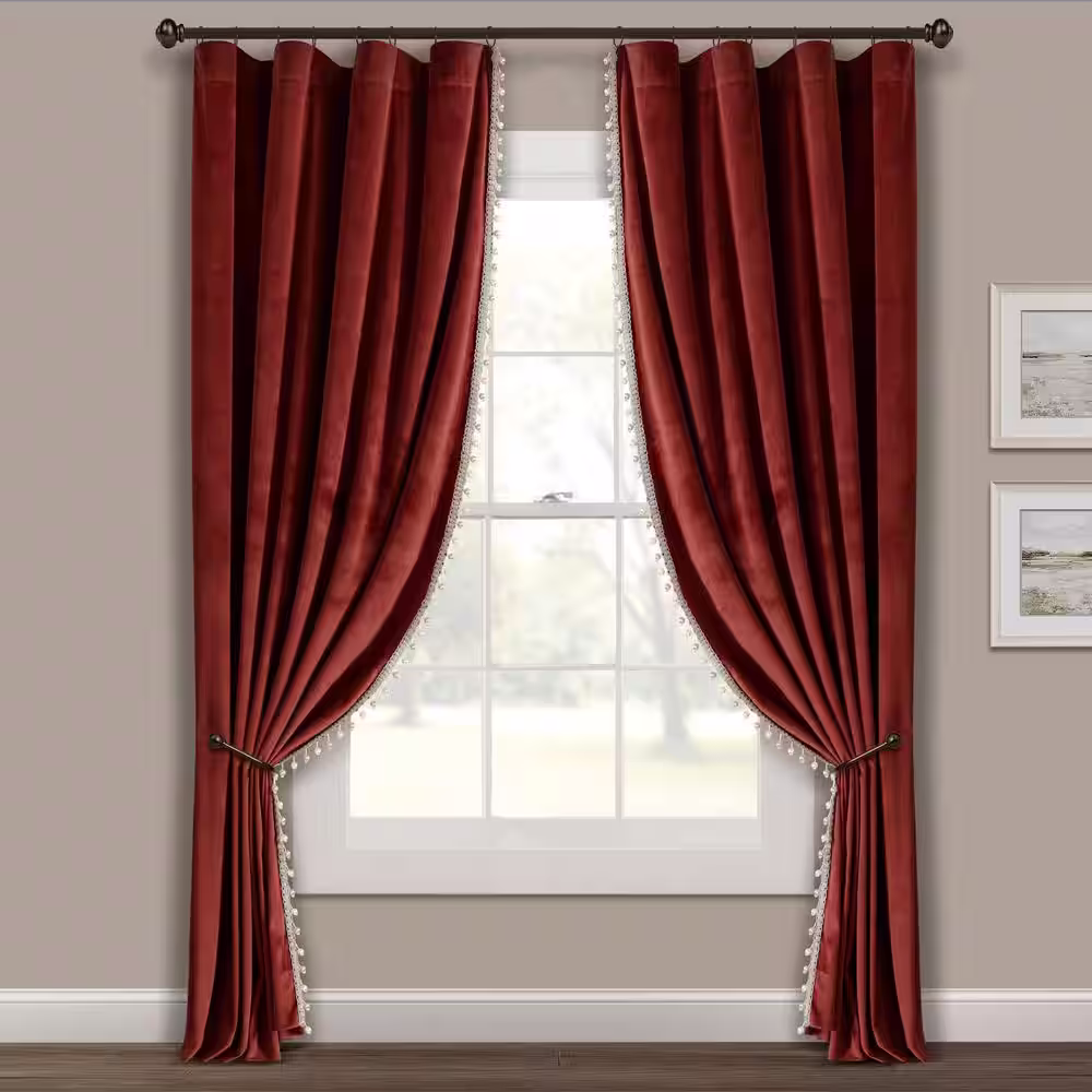 None Luxury Vintage 52 in. W x 84 in. L Velvet with Silky Pompom Trim Light Filtering Window Curtain Panel in Rust Single