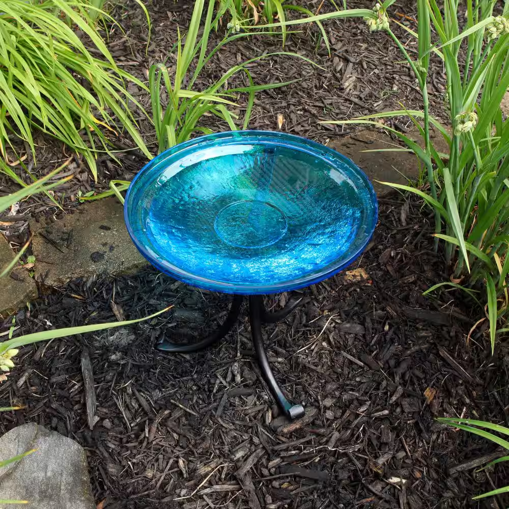 ACHLA DESIGNS 14 in. Dia Round Teal Blue Crackle Glass Birdbath with Black Wrought Iron Tripod Stand