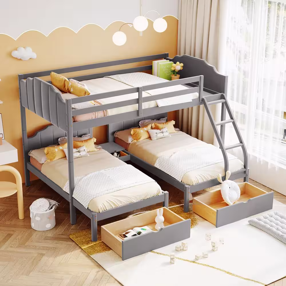 Harper & Bright Designs Gray Full Over Twin and Twin Velvet Bunk Bed with 3-Drawers