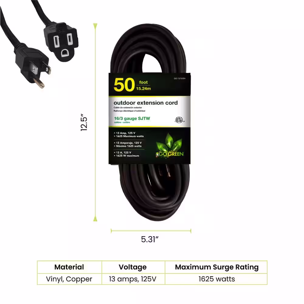 GoGreen Power 50 ft. 16/3 SJTW Outdoor Extension Cord - Black
