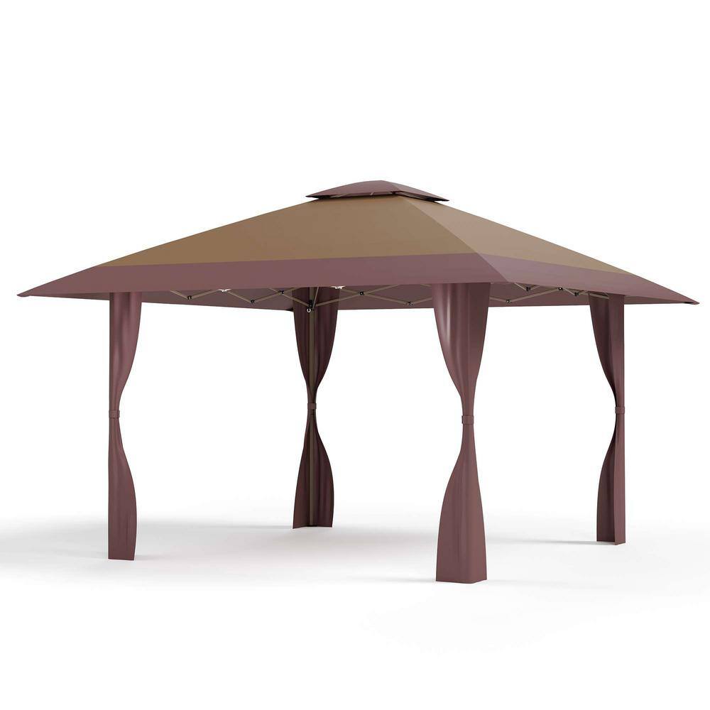 PHI VILLA 13 ft. x 13 ft. Brown UV Protect Gazebo Canopy for Patio Outdoor