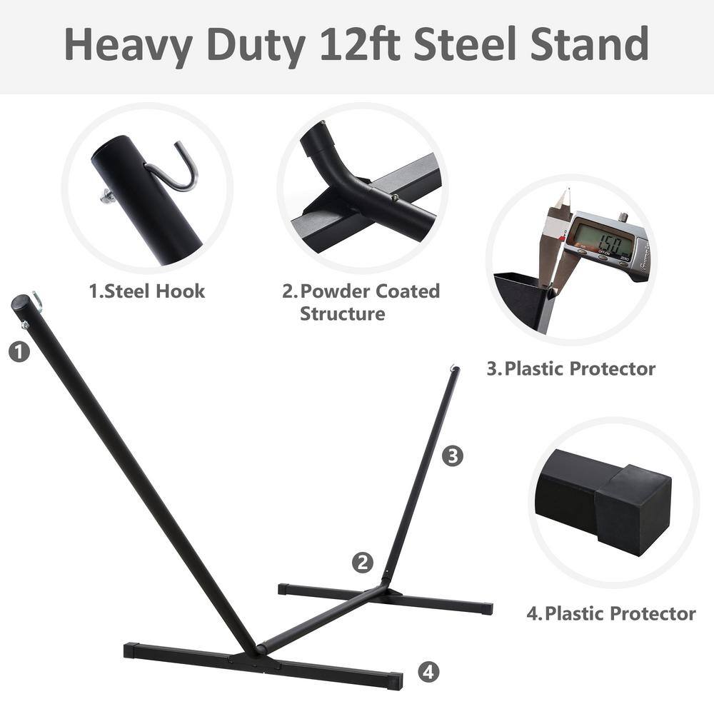 Atesun 12 ft. Free Standing, 475 lbs. Capacity, Heavy-Duty 2-Person Hammock with Stand and Detachable Pillow in Grey