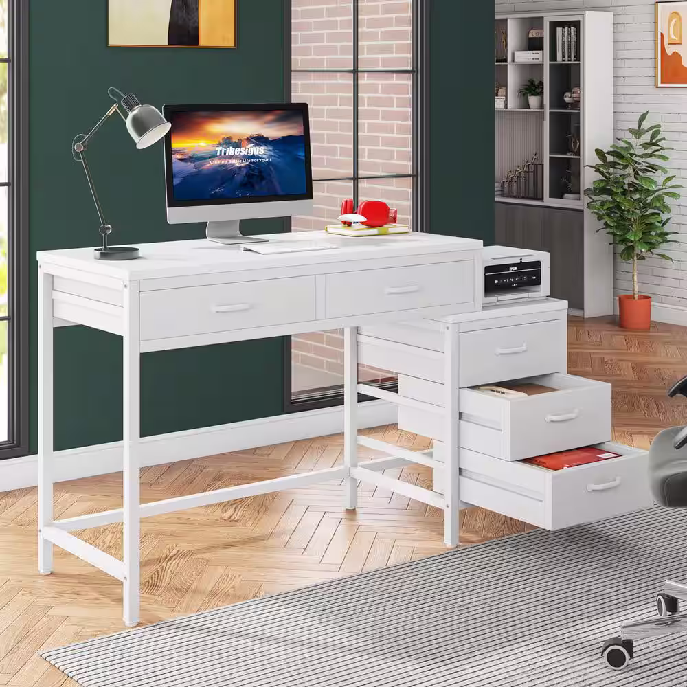 TRIBESIGNS WAY TO ORIGIN Cassey 51.18 in. Retangular Industrial White Wood 5 Drawer Computer Desk Legs Reversible File Cabinet Printer Stand
