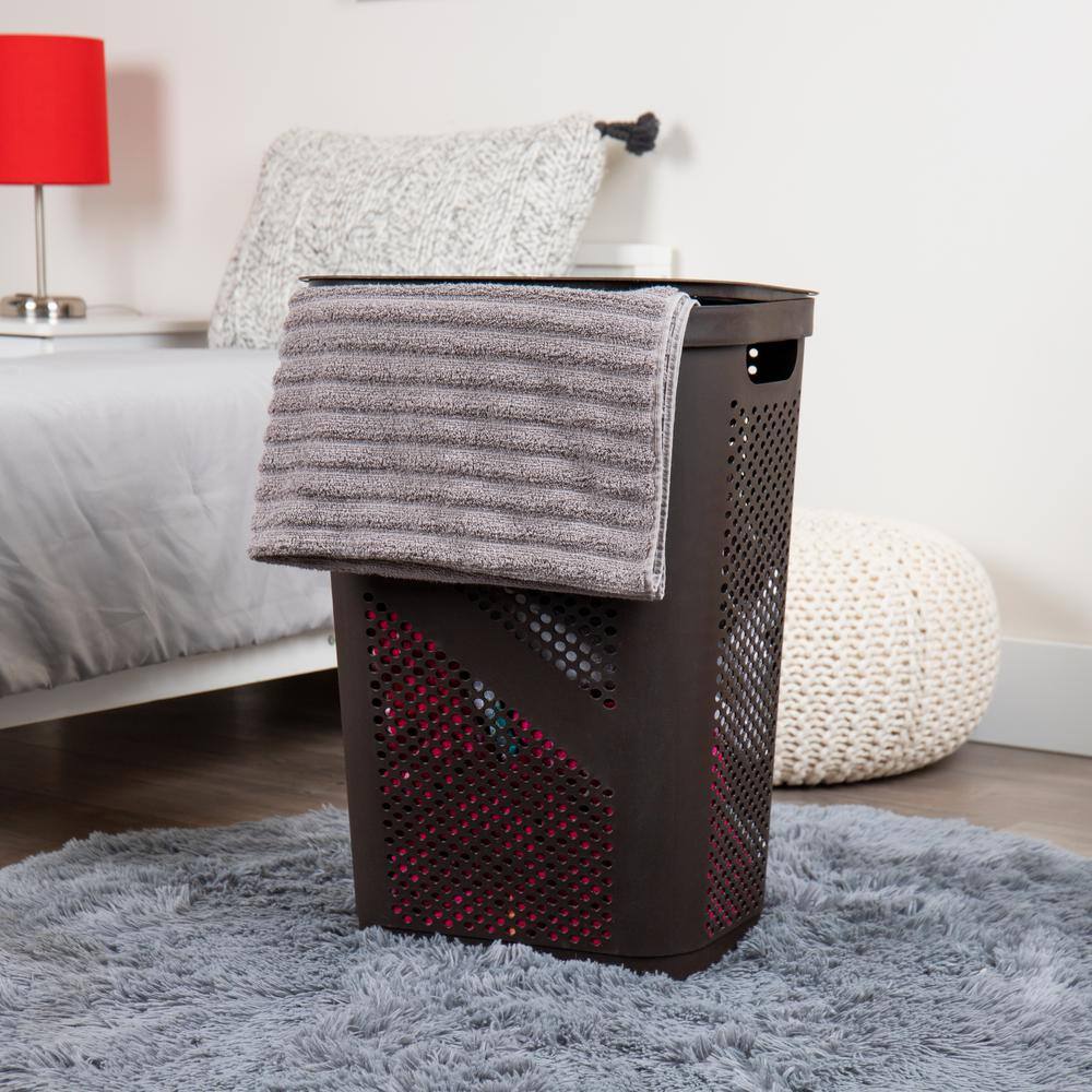 Mind Reader Basket Collection Laundry Hamper, 60 Liter (15kg/33lbs) Capacity, Cut Out Handles, Attached Hinged Lid, Brown