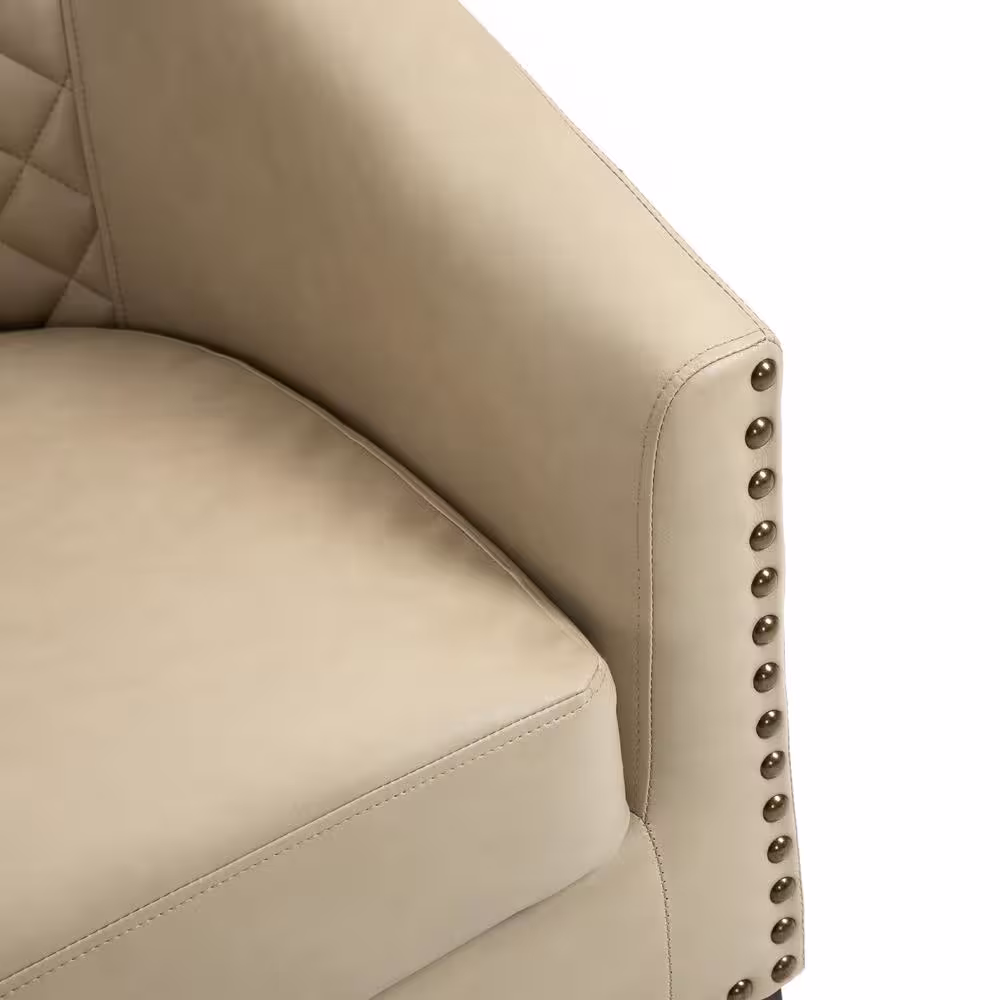 None Modern Beige Solid Wood Legs PU Leather Upholstered Accent Barrel Chair With Nailhead Trim