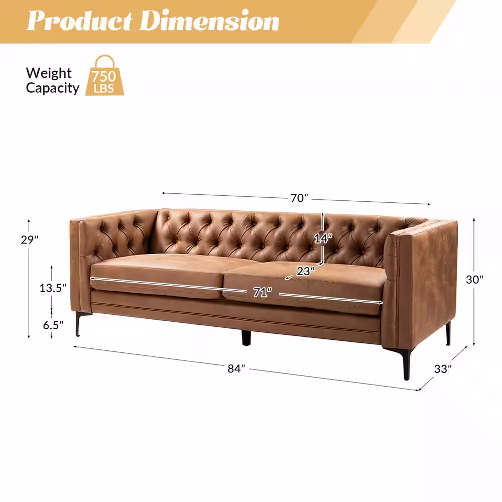 JAYDEN CREATION Eridu Comtemperary 84 in. Square Arm Faux Leather Button-Tufted design Tuxedo Rectangle Sofa in Camel