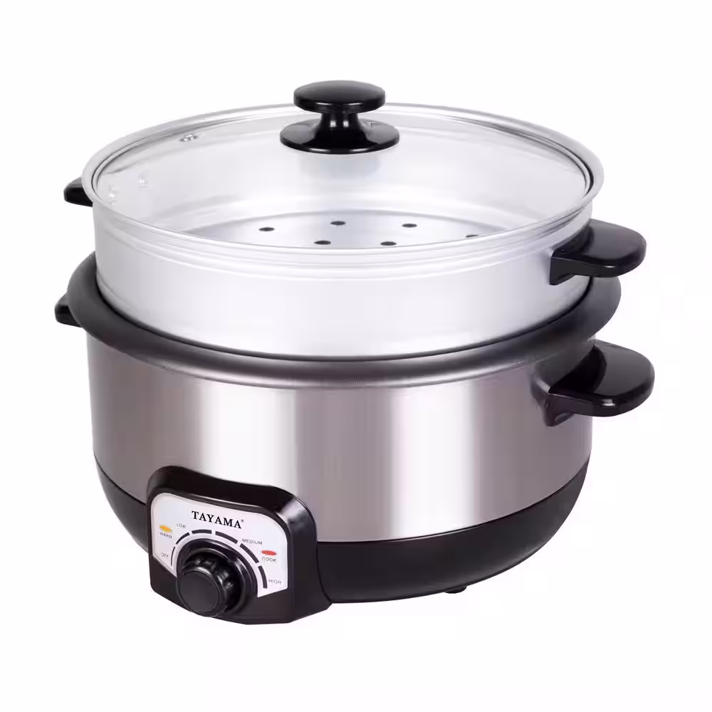 Tayama 3 qt. Black Stainless Steel Electric Non-Stick Hot Pot Multi-Cooker with Steamer and Glass Lid