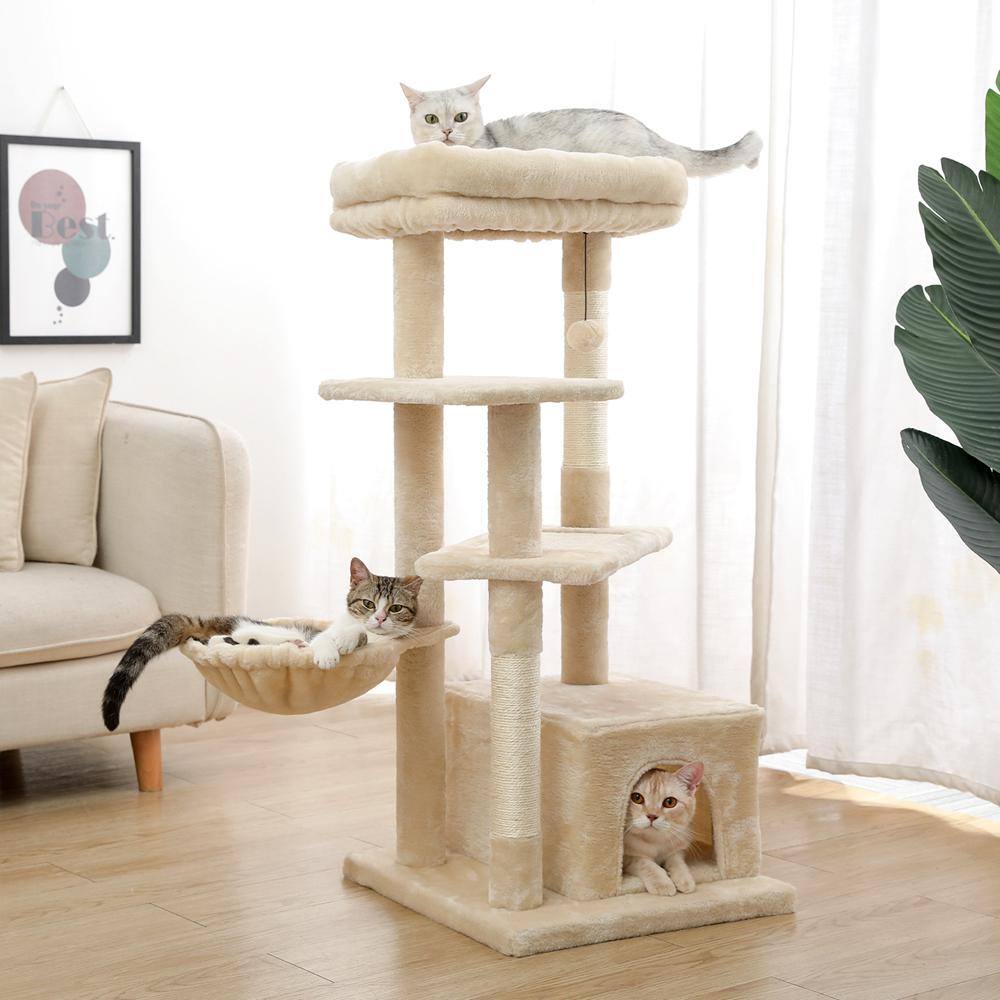 Foobrues 44.10 in. Pet Cats Scratching Posts and Trees and Spacious Condo, Cozy Hammock and Plush Top Perch in Beige
