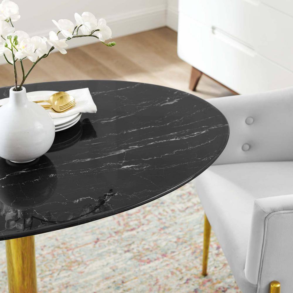 None Verne 42 in. Round Artificial Marble Dining Table Black Wood Top with Gold Metal Base