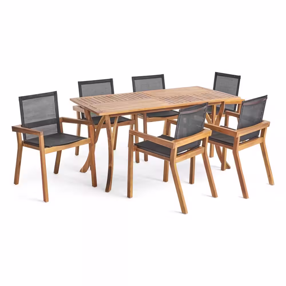 Noble House Shanter Teak Brown 7-Piece Wood Rectangle 30 in. Outdoor Dining Set
