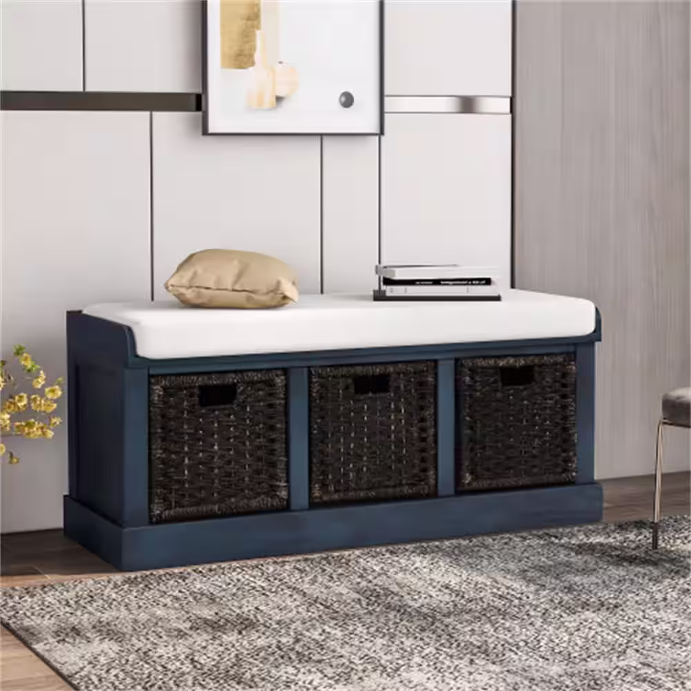 ZIRUWU 17.00 in. H x 15.70 in. W Antique Navy Wood Shoe Storage Bench