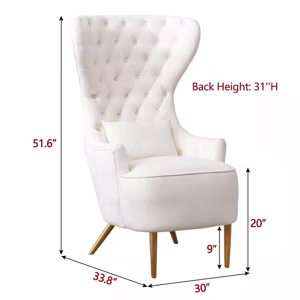KINWELL Cream Upholstered Tufted Velvet High Wingback Chair